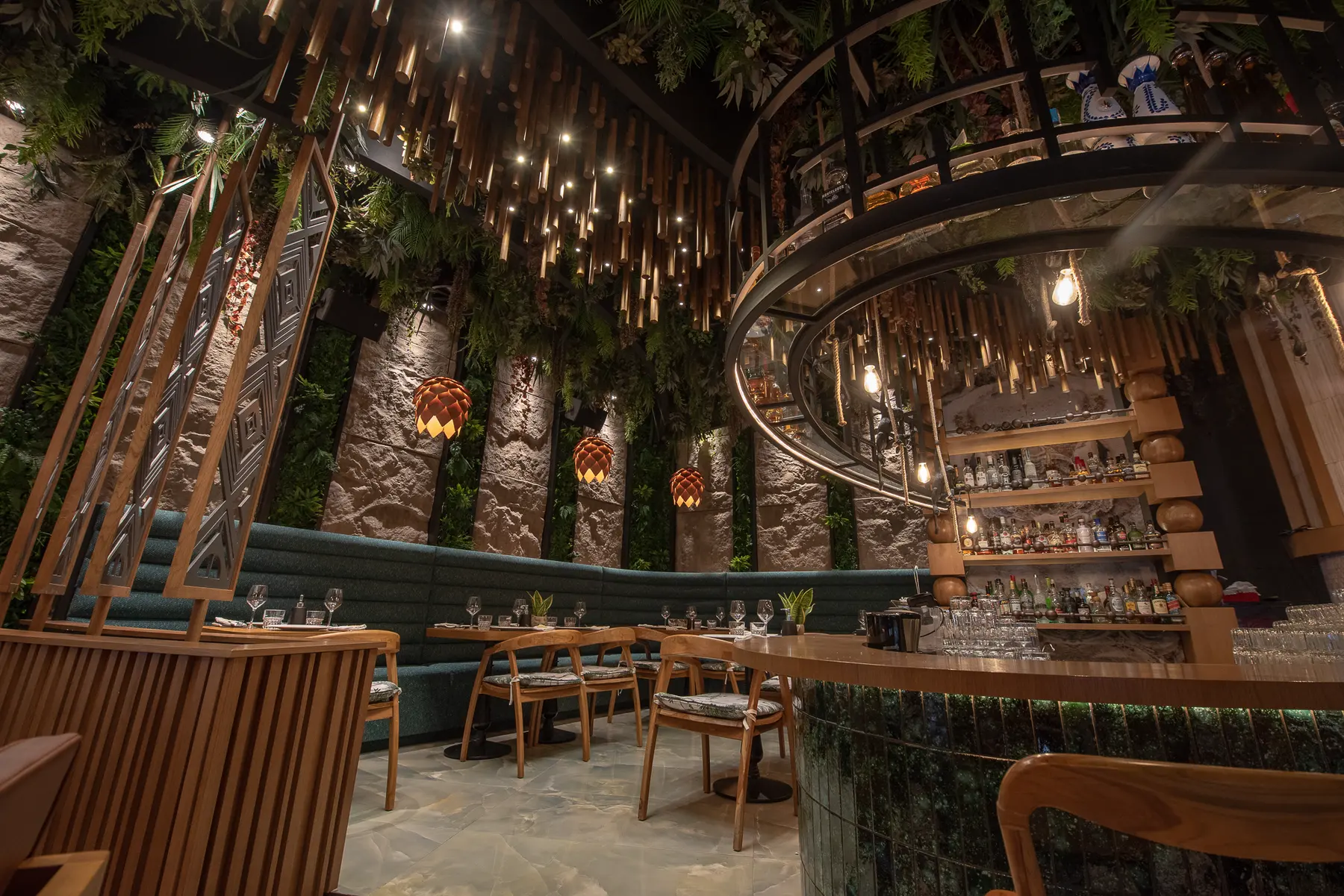 The bar at Iguazu Athens seen across the dining room