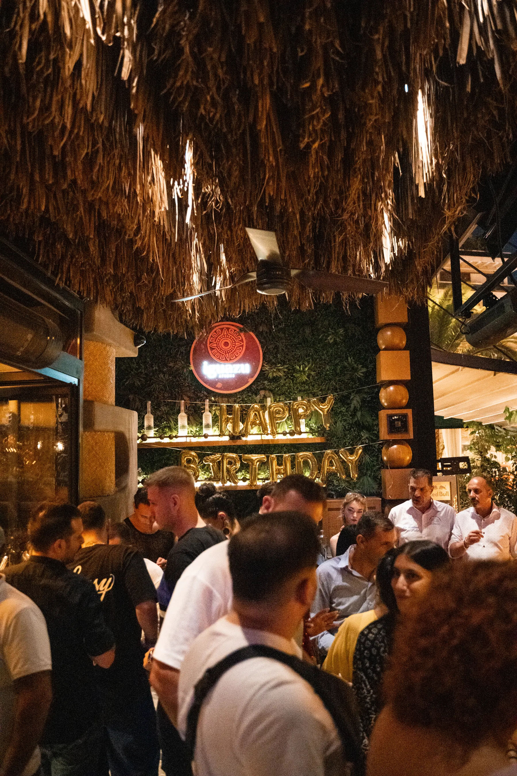 Birthday guests filling the bar under the hanging plants at Iguazu Athens