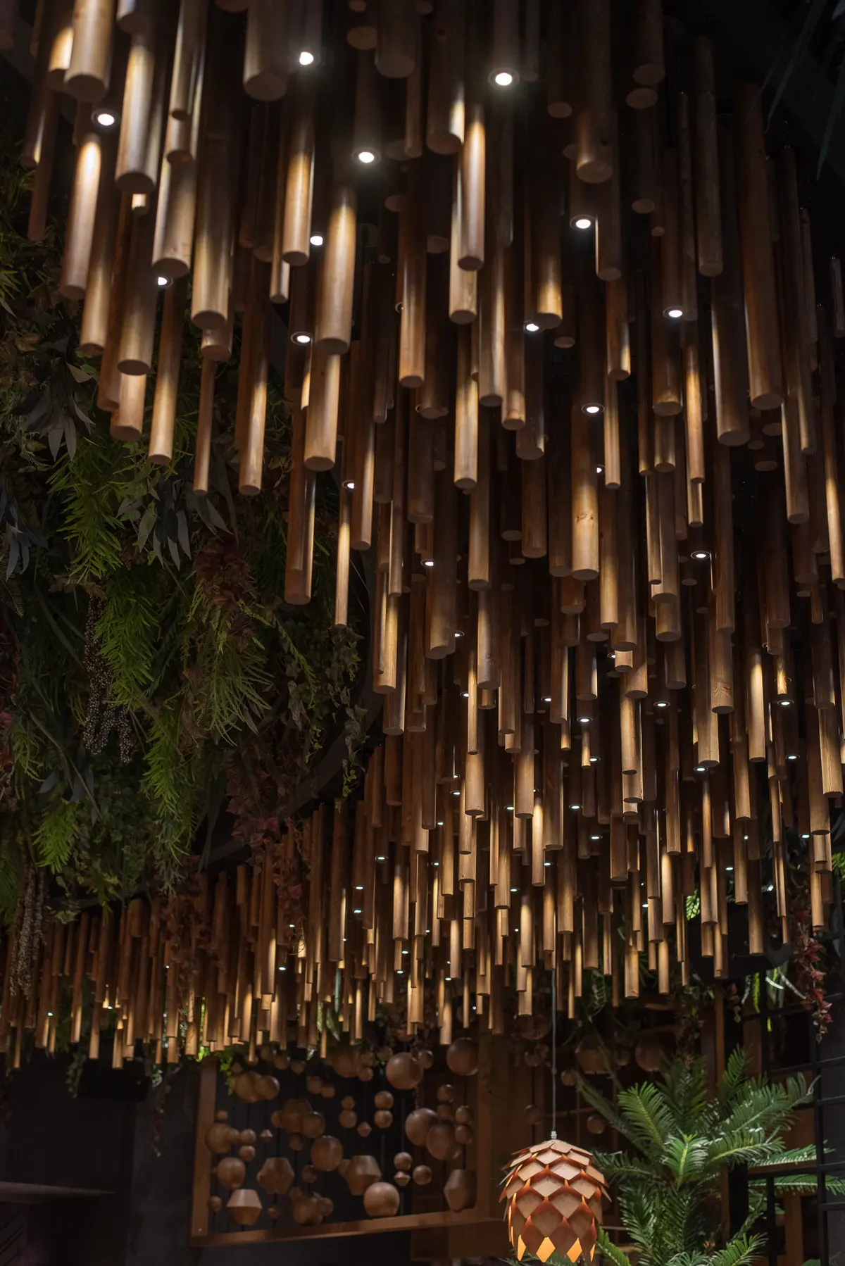The hanging bamboo and pin-light ceiling at Iguazu Athens