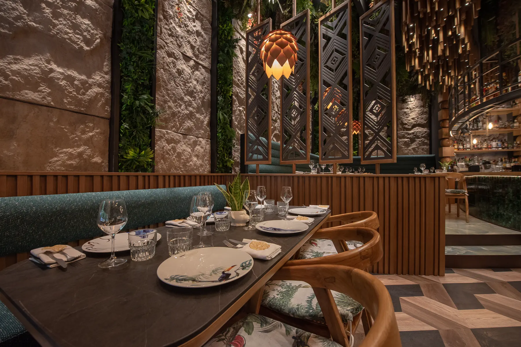 A laid table in the main room at Iguazu Athens