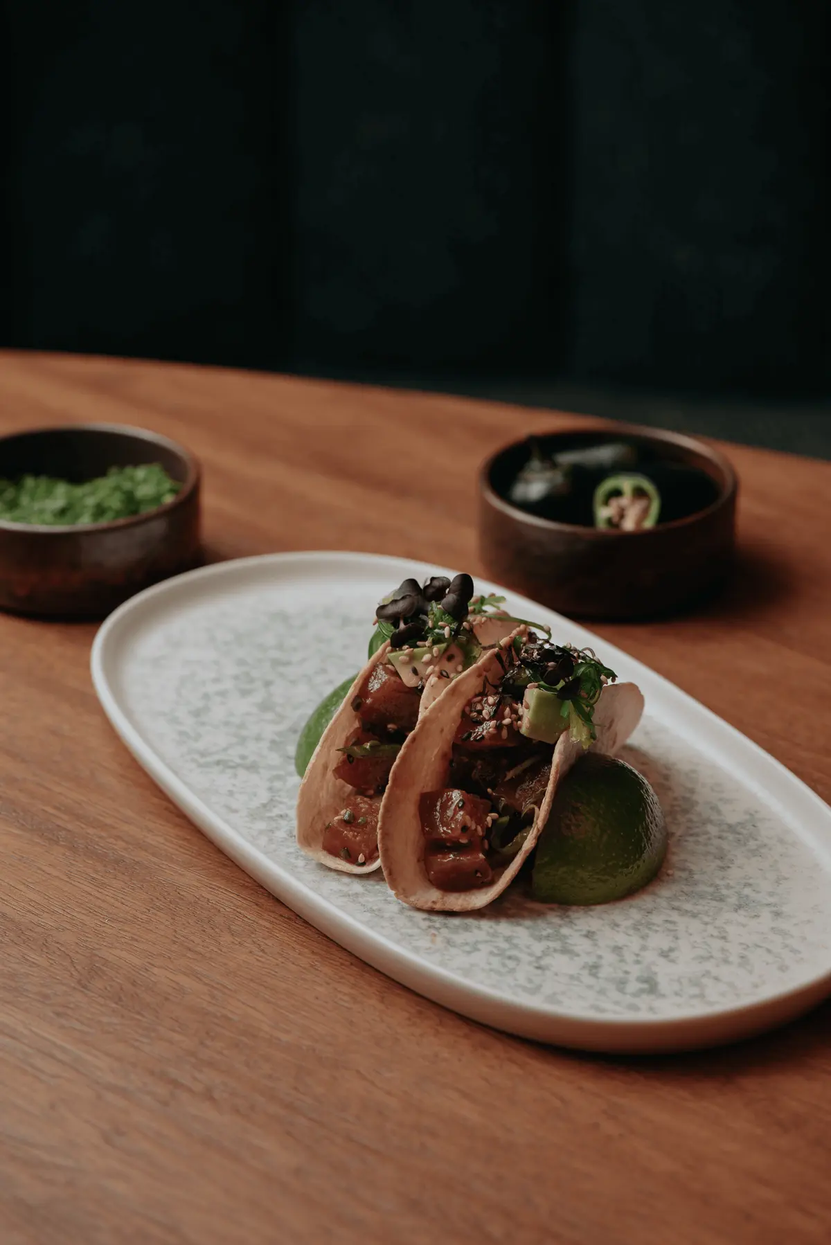 Raw tuna tacos with lime at Iguazu Athens